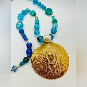 Gold Dipped Seashell Blue Sea Glass Beaded Necklace Faux Pearl Ocean Beach Shell